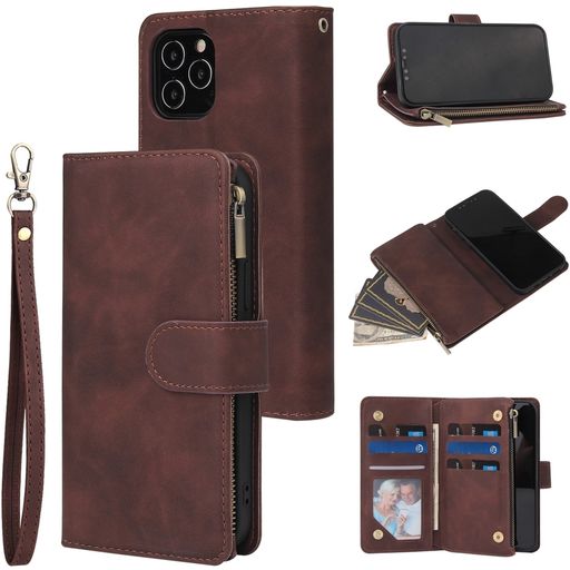 Mobigear Zipper iPhone 12 Hülle Klapphülle Geldbörse - Braun
