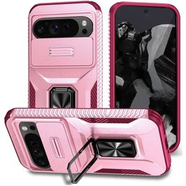 Mobigear Armor Ring Cam Slide Google Pixel 9 Pro XL Hülle Hardcase Backcover Stoßfest mit Ringhalter und Kamera Slider - Pink