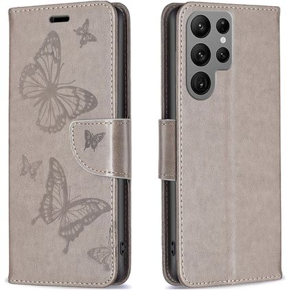 Mobigear Butterfly Samsung Galaxy S23 Ultra Hülle Klapphülle Geldbörse - Grau