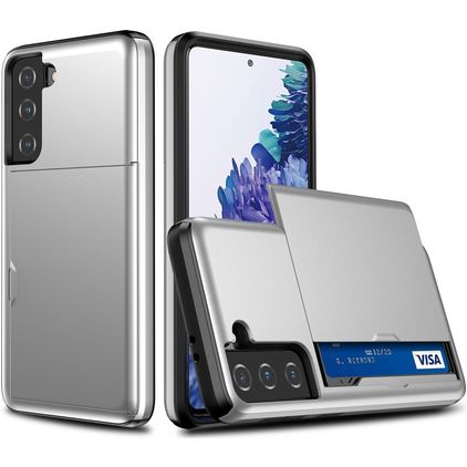 Mobigear Card Samsung Galaxy S21 Hülle Hardcase Backcover Stoßfest mit Kartenhalter - Silber