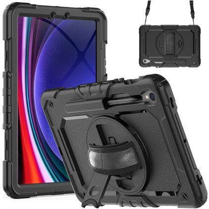 Mobigear SureGrip Xtreme Samsung Galaxy Tab S9 Hülle Kunststoff,Silikon Backcover + Stifthalter + Schulterträger + Ständer - Schwarz