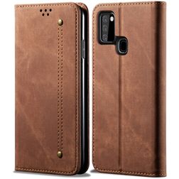 Mobigear Denim Slim Samsung Galaxy A21s Hülle Klapphülle Geldbörse - Braun