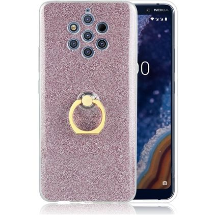 Mobigear Glitter Ring Nokia 9 PureView Hülle Flexibles TPU Backcover mit Ringhalter - Roségold