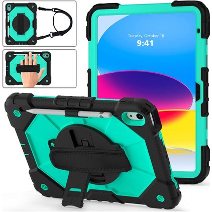 Mobigear SureGrip Xtreme iPad 11 (2025) Hülle Kunststoff,Silikon Backcover + Stifthalter + Schulterträger + Ständer - Schwarz / Türkis