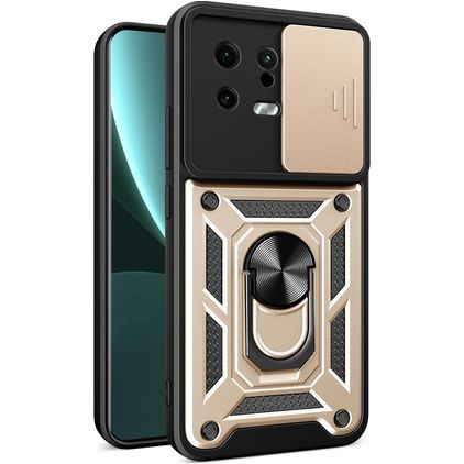 Mobigear Armor Ring Cam Slide Xiaomi 13 Hülle Hardcase Backcover Stoßfest mit Ringhalter und Kamera Slider - Gold