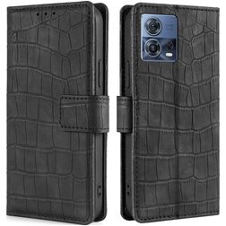 Mobigear Croco Motorola Edge 30 Fusion Hülle Klapphülle Geldbörse - Schwarz
