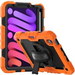 Mobigear SureGrip Xtreme iPad Mini 7 (2024) Hülle Kunststoff,Silikon Backcover + Stifthalter + Schulterträger + Ständer - Schwarz / Orange