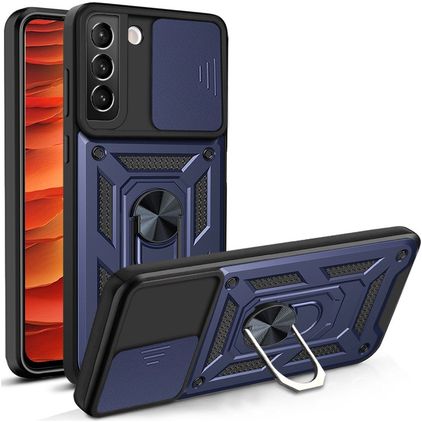 Mobigear Armor Ring Cam Slide Samsung Galaxy S22 Hülle Hardcase Backcover Stoßfest mit Ringhalter und Kamera Slider - Blau