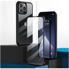 Valenta Full Cover iPhone 14 Pro Max Hülle Gehärtetes Glas Backcover Stoßfest - Transparent / Schwarz