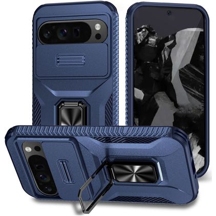 Mobigear Armor Ring Cam Slide Google Pixel 9 Pro XL Hülle Hardcase Backcover Stoßfest mit Ringhalter und Kamera Slider - Blau