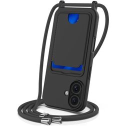 Mobigear Lanyard Card iPhone 16 Plus Silikon Handykette mit Kartenhalter - Schwarz