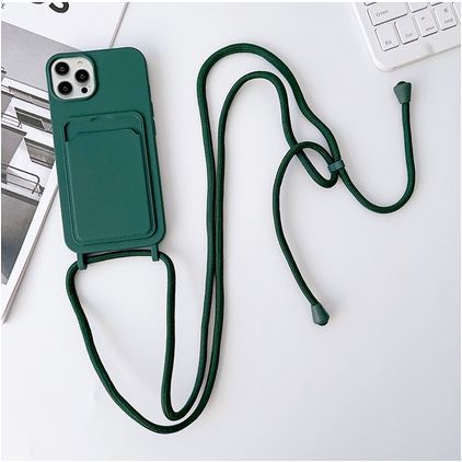 Mobigear Lanyard Card iPhone 15 Pro Max Silikon Handykette mit Kartenhalter - Grün