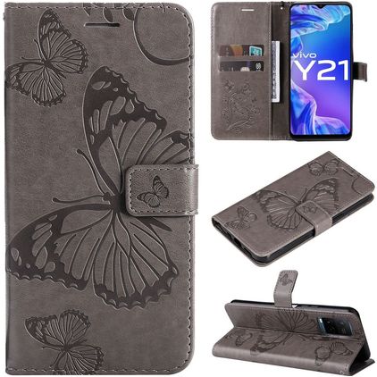 Mobigear Butterfly Vivo Y21s Hülle Klapphülle Geldbörse - Grau