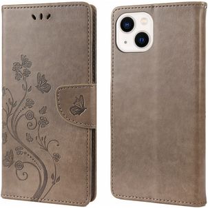 Mobigear Flowers iPhone 14 Plus Hülle Klapphülle Geldbörse - Grau