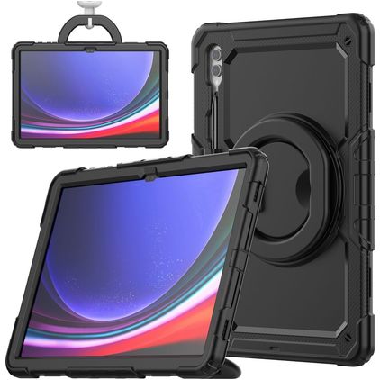 Mobigear RingGuard Samsung Galaxy Tab S10 Ultra Hülle Kunststoff,Silikon Backcover + Stifthalter + Schulterträger + Ständer - Schwarz