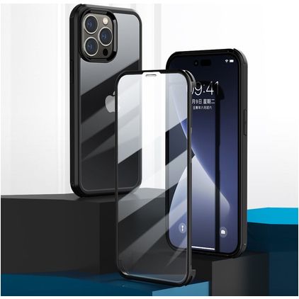 Valenta Full Cover iPhone 14 Pro Max Hülle Gehärtetes Glas Backcover Stoßfest - Transparent / Schwarz