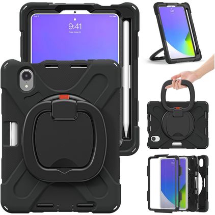 Mobigear RingGuard iPad Mini 7 (2024) Hülle Kunststoff,Silikon Backcover + Stifthalter + Schulterträger + Ständer - Schwarz