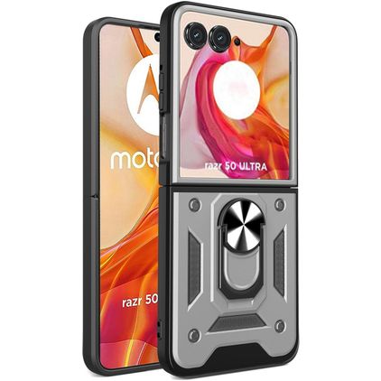 Mobigear Armor Ring Motorola Razr 50 Ultra Hülle Hardcase Backcover Stoßfest mit Ringhalter - Silber