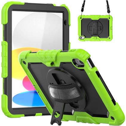 Mobigear SureGrip Xtreme iPad 10 (2022) Hülle Kunststoff,Silikon Backcover + Schulterträger + Ständer - Schwarz / Grün