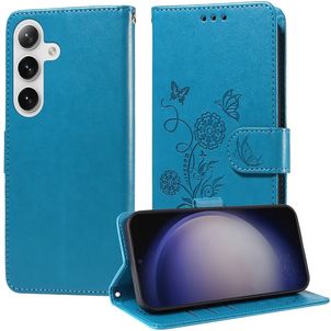 Mobigear Flowers Samsung Galaxy S25 Plus Hülle Klapphülle Geldbörse - Blau