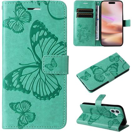 Mobigear Butterfly iPhone 16 Plus Hülle Klapphülle Geldbörse - Grün