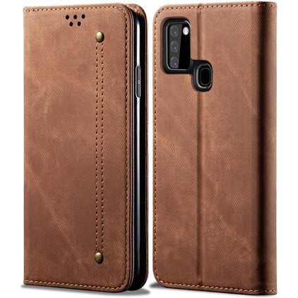 Mobigear Denim Slim Samsung Galaxy A21s Hülle Klapphülle Geldbörse - Braun