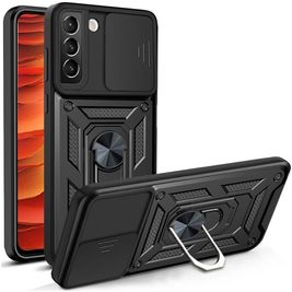 Mobigear Armor Ring Cam Slide Samsung Galaxy S22 Hülle Hardcase Backcover Stoßfest mit Ringhalter und Kamera Slider - Schwarz