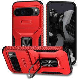 Mobigear Armor Ring Cam Slide Google Pixel 9 Pro XL Hülle Hardcase Backcover Stoßfest mit Ringhalter und Kamera Slider - Rot