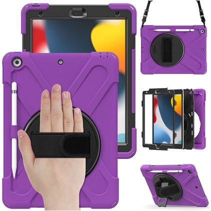 Mobigear SureGrip XGuard iPad 9 (2021) Hülle Kunststoff,Silikon Backcover + Stifthalter + Schulterträger + Ständer - Lila