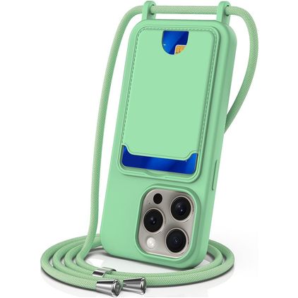 Mobigear Lanyard Card iPhone 16 Pro Max Silikon Handykette mit Kartenhalter - Grün