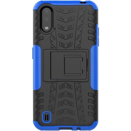 Mobigear Tire Samsung Galaxy A01 Hülle Hardcase Backcover Stoßfest mit Ständer - Schwarz / Blau