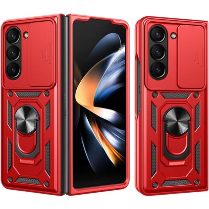 Mobigear Armor Ring Cam Slide Samsung Galaxy Z Fold 7 Hülle Hardcase Backcover Stoßfest mit Ringhalter und Kamera Slider - Rot
