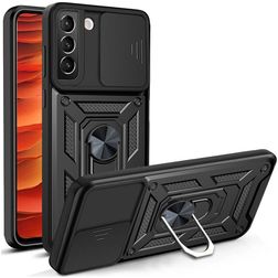 Mobigear Armor Ring Cam Slide Samsung Galaxy S22 Hülle Hardcase Backcover Stoßfest mit Ringhalter und Kamera Slider - Schwarz