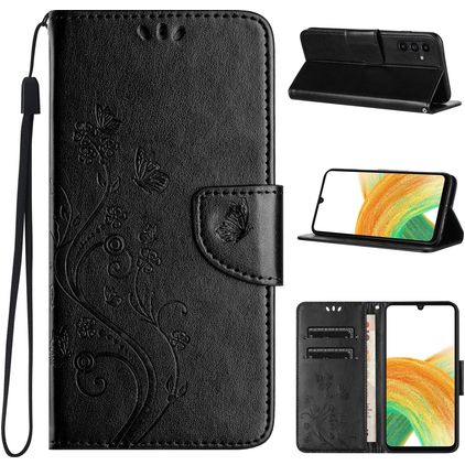Mobigear Flowers Samsung Galaxy A55 Hülle Klapphülle Geldbörse - Schwarz