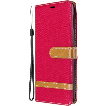 Mobigear Fabric Samsung Galaxy A21 Hülle Stoff Klapphülle Geldbörse - Rot