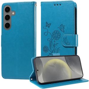 Mobigear Flowers Samsung Galaxy S25 Hülle Klapphülle Geldbörse - Blau
