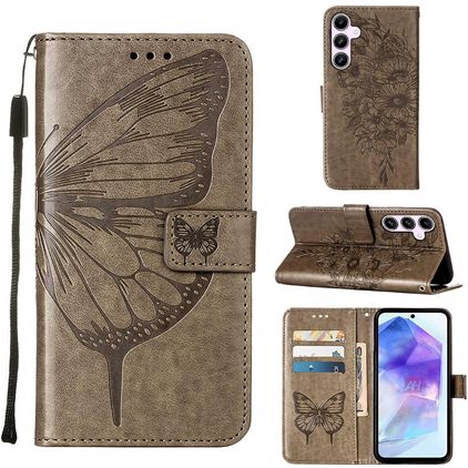 Mobigear Butterfly Samsung Galaxy A55 Hülle Klapphülle Geldbörse - Grau