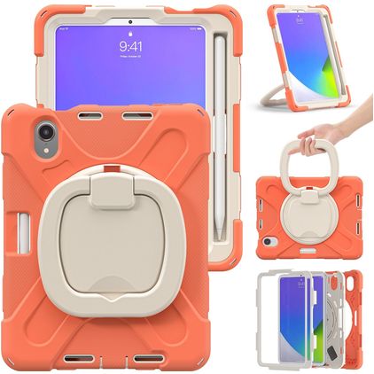 Mobigear RingGuard iPad Mini 7 (2024) Hülle Kunststoff,Silikon Backcover + Stifthalter + Schulterträger + Ständer - Orange