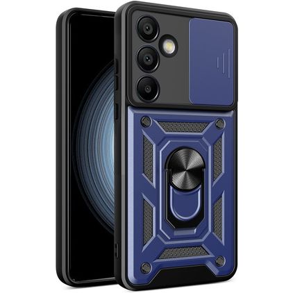 Mobigear Armor Ring Cam Slide Samsung Galaxy S24 FE Hülle Hardcase Backcover Stoßfest mit Ringhalter und Kamera Slider - Blau