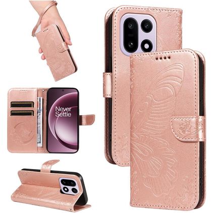 Mobigear Butterfly OnePlus 15 Hülle Klapphülle Geldbörse - Roségold