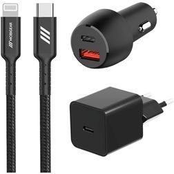 Mobigear Essentials Ladegerät + Auto Ladegerät + Apple Lightning Kabel 1 Meter Power Delivery 48W - Schwarz