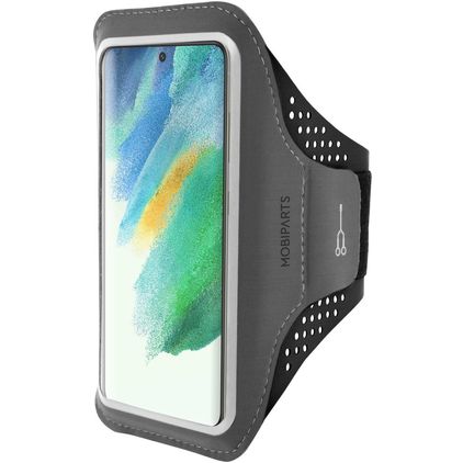 Mobiparts Comfort Fit Handyhalterung Joggen Samsung Galaxy S21 FE Sporthülle Neopren Sportarmband - Schwarz