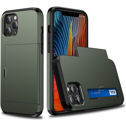 Mobigear Card iPhone 12 Pro Hülle Hardcase Backcover Stoßfest mit Kartenhalter - Armeegrün