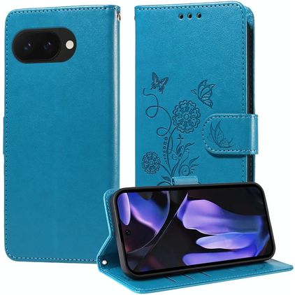 Mobigear Flowers Google Pixel 9a Hülle Klapphülle Geldbörse - Blau