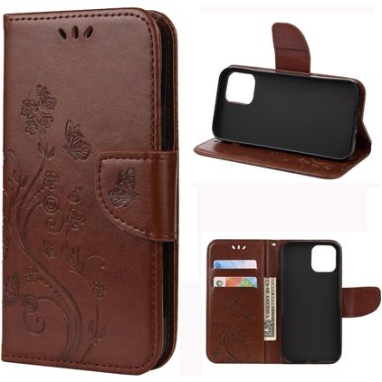 Mobigear Flowers iPhone 12 Mini Klapphülle Portemonnaie - Braun