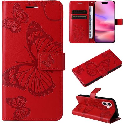 Mobigear Butterfly iPhone 16 Hülle Klapphülle Geldbörse - Rot