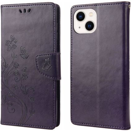 Mobigear Flowers iPhone 14 Hülle Klapphülle Geldbörse - Lila
