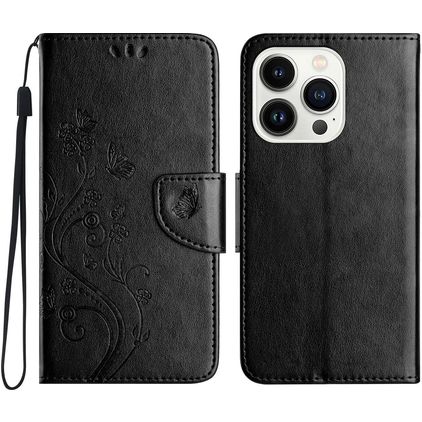 Mobigear Flowers iPhone 16 Pro Hülle Klapphülle Geldbörse - Schwarz