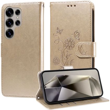 Mobigear Flowers Samsung Galaxy S25 Ultra Hülle Klapphülle Geldbörse - Gold