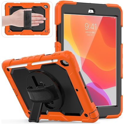 Mobigear SureGrip Xtreme iPad 9 (2021) Hülle Kunststoff,Silikon Backcover + Stifthalter + Schulterträger + Ständer - Schwarz / Orange